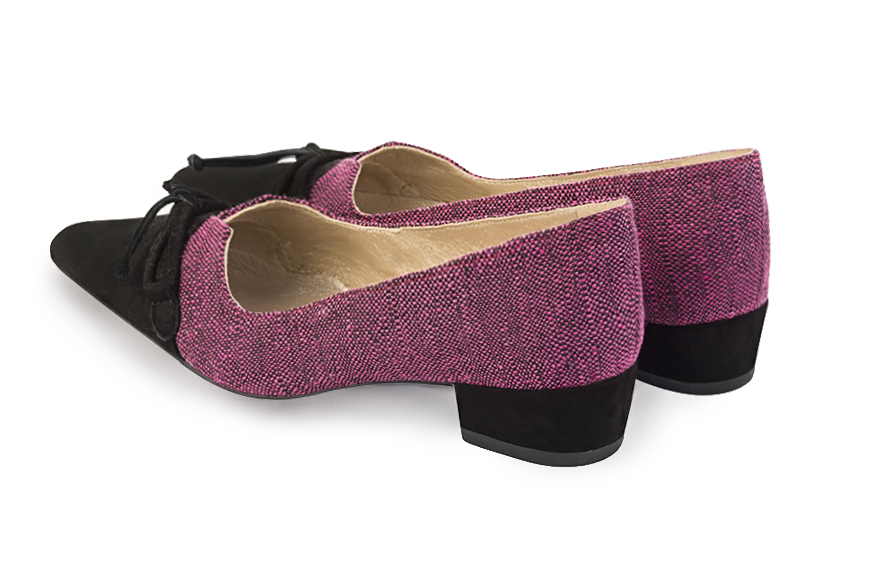Matt black and fuschia pink women's dress pumps, with a knot on the front. Tapered toe. Low block heels. Rear view - Florence KOOIJMAN